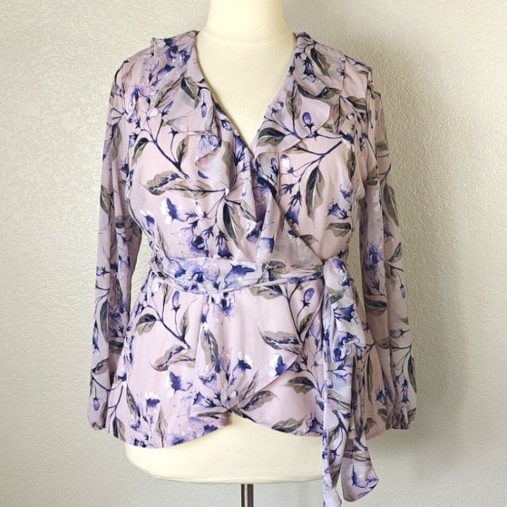 Goldray 2X Peplum Top Faux Wrap Ruffle V-neck Long Sleeve Lined Purple Florals